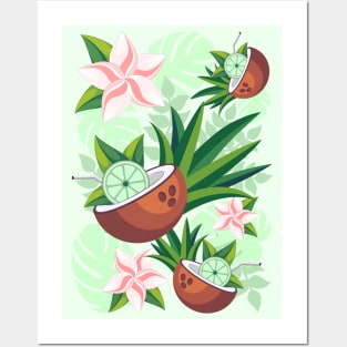 Lime in Coconut with Pink Plumeria Flowers Tropical Summer Pattern Posters and Art